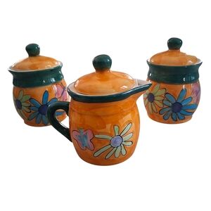 Vintage Ceramic Sugar, Creamer, and Canister Set – Colorful Floral Design